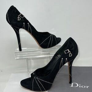 Dior Sz 39.5 Suede Embroidered Folles Peep Toe Pumps Heels